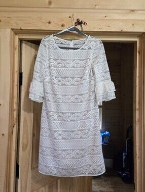 Women's White Lace Shift Dress Nude Sheath with Tiered Ruffle Sleeves